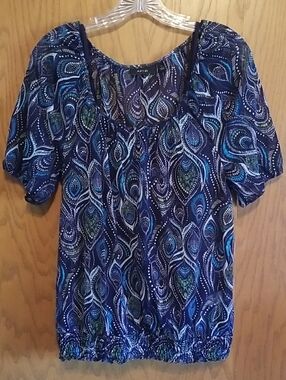 Apt. 9 Navy Multi-Color Paisley Short Sleeve Blouse, Size M